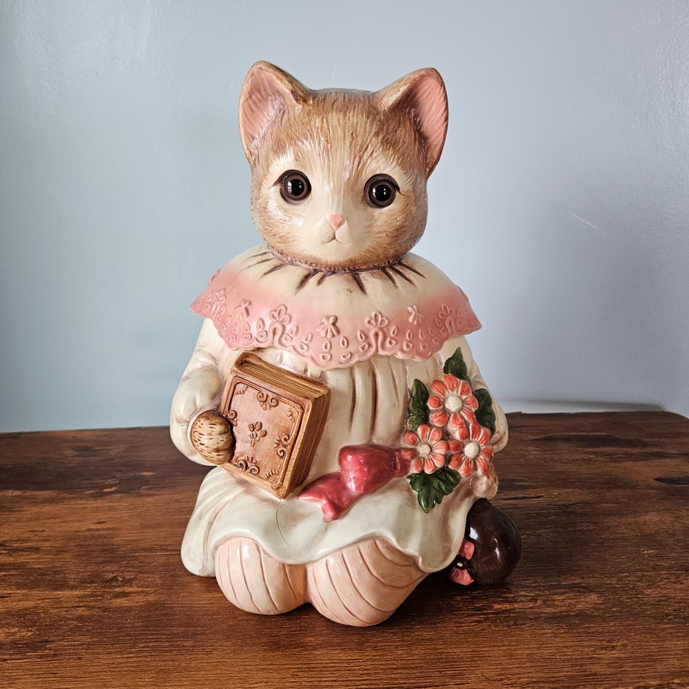 Vintage Ceramic Emily the Cat Cookie Jar Made Japan Kitten in Dress Book Flowers